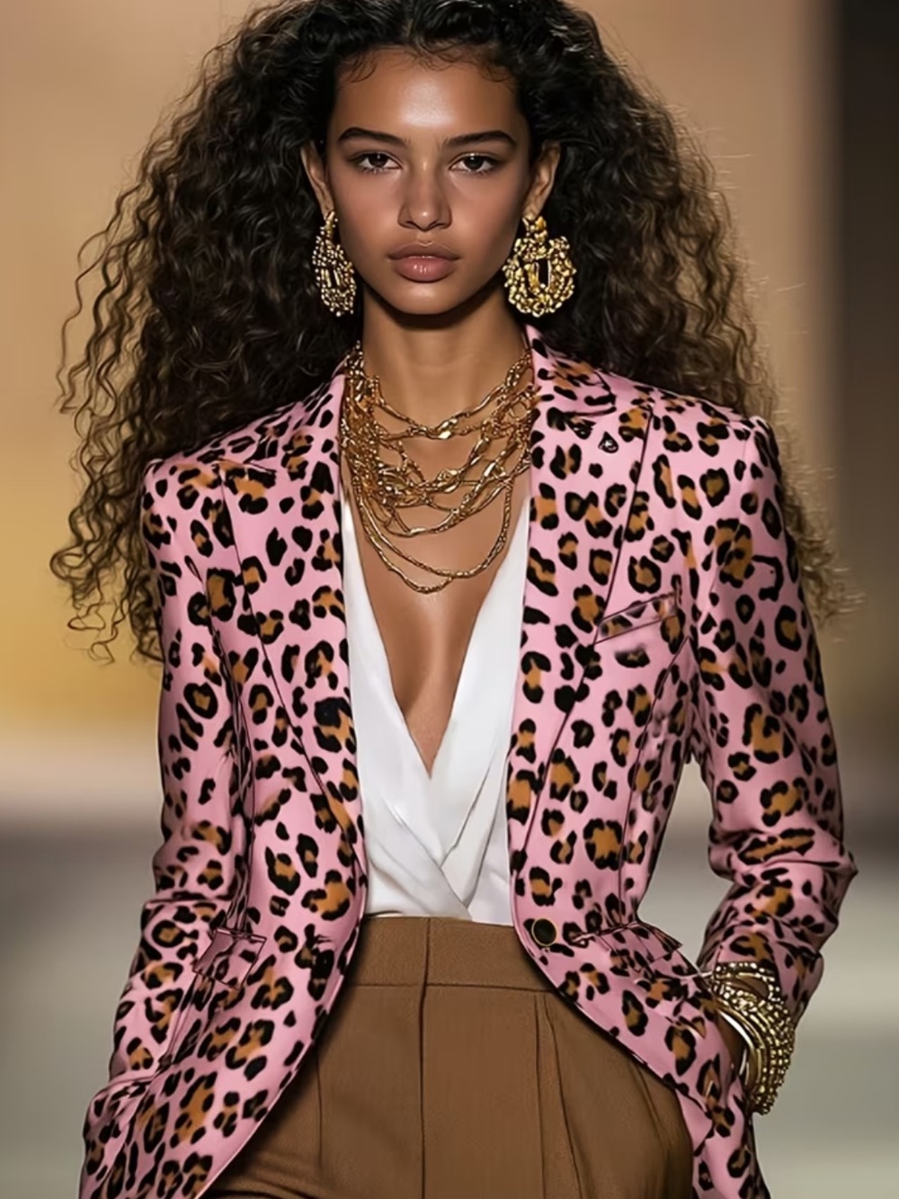 Fortune-Attracting Fashion Urban Elegance Vintage Satin Leopard Print Notched - Picture 4 of 7